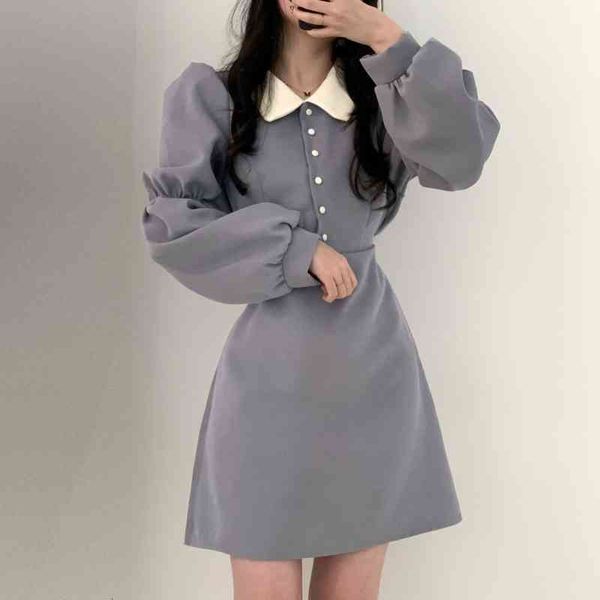 

sweet chic dress woman spring ins fashion elegant ins lapel contrast color lace waist puff sleeve a-line dress, Black;gray