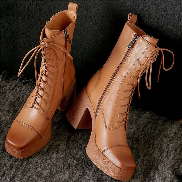 

boots mary janes women lace up strap genuine leather chunky high heels ankle female square toe platform pumps shoes casual, Black