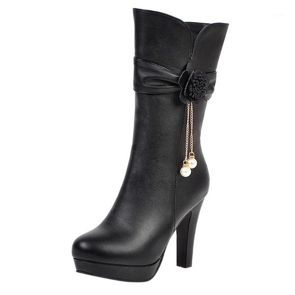 

winter high heel warm women's boots flower pearl low boots thick heel shoes1, Black
