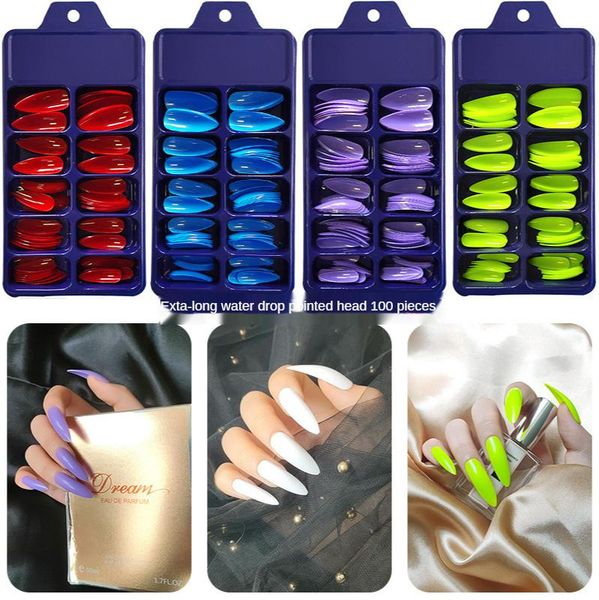 

false nails ultra-long tip water drop nail patch solid color strip wear armor can be picked with ins tips art, Red;gold