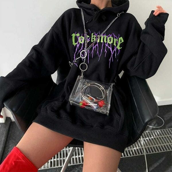 

fashion harajuku winter hoodie women loose korean style sweatshirt autumn streetwear flower printing hoodies pullovers y200915, Black