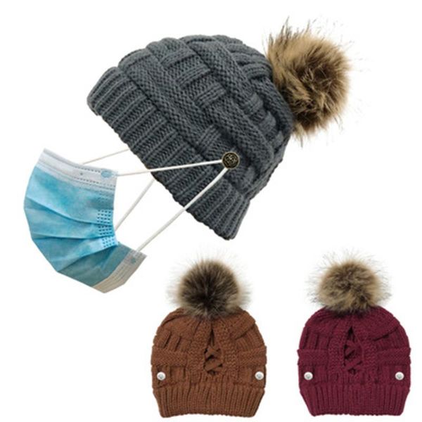 

2020 autumn winter button anti-squeeze beanie hat lady outdoor can hang masks wool cap solid color removable hairball hat, Blue;gray