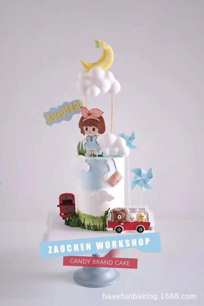 

jnzw9 private ball decoration cake decoration fur ball cotton cloud three-dimensional yellow moon scene cake multi-layer plug-in 1v4se