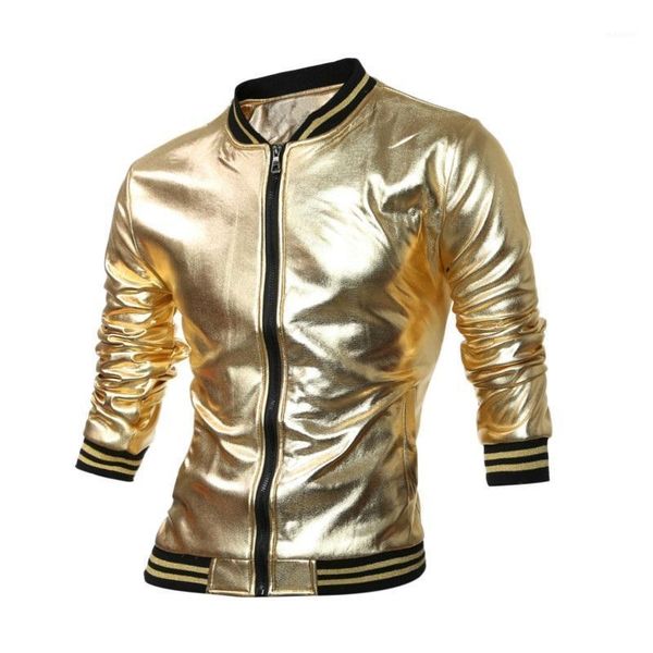 

kh new arrival spring autumn fashion stand collar jacket coat nightclub shiny hip hop casual gold overcoat mens bomber jacket1, Black;brown