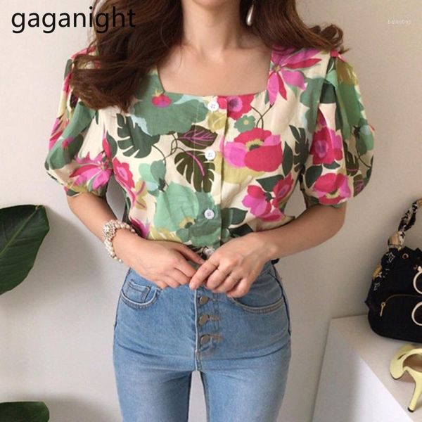 

gaganight fashion summer women flower blouse short sleeve square collar chic lady shirt casual korean blouses girls retro blusas1, White
