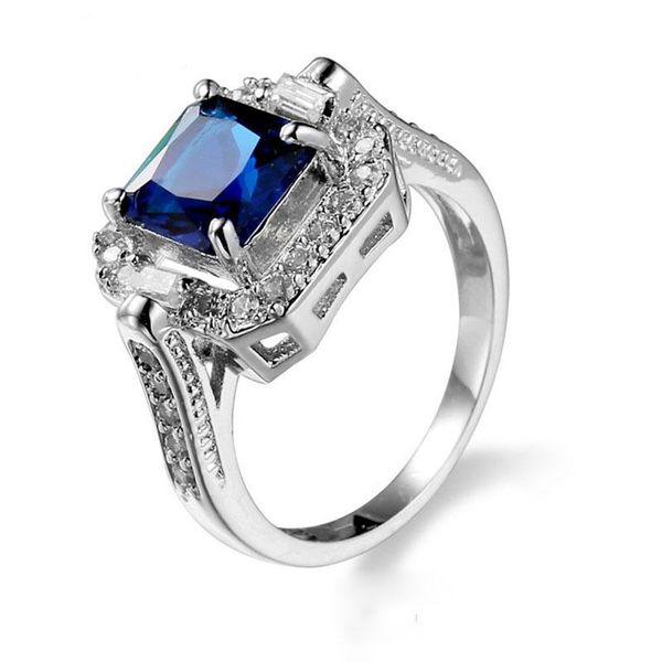 Clássico Top Quality 18K Branco banhado a ouro azul anel de diamante de cristal para mulheres anéis de casamento noivado jóias por atacado