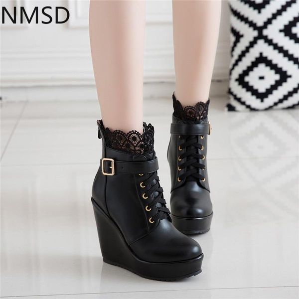 

winter buckle wedges platform ankle for women lace up white black high heel ladies shoes bootie