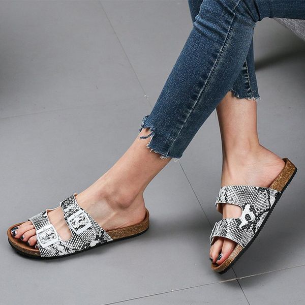 

women's shoes 2020 summer snakeskin buckle slipper ladies pu leather sandals female light comfortable casual flat woman shoes x1020, Black