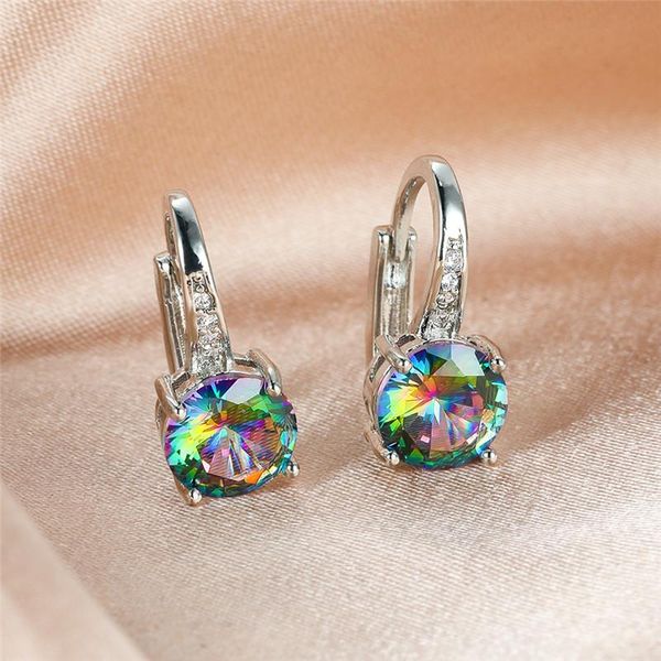 

hoop & huggie multicolor round zircon rainbow stone earrings for women wedding jewelry vintage fashion cz rose gold silver color, Golden;silver