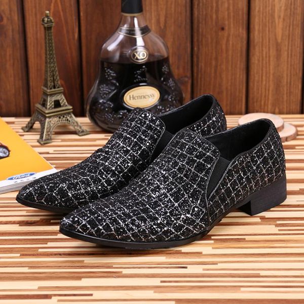 

christia bella man black fashion lattice sequins shoes party genuine leather male pointed toe shoes men's prom slip on