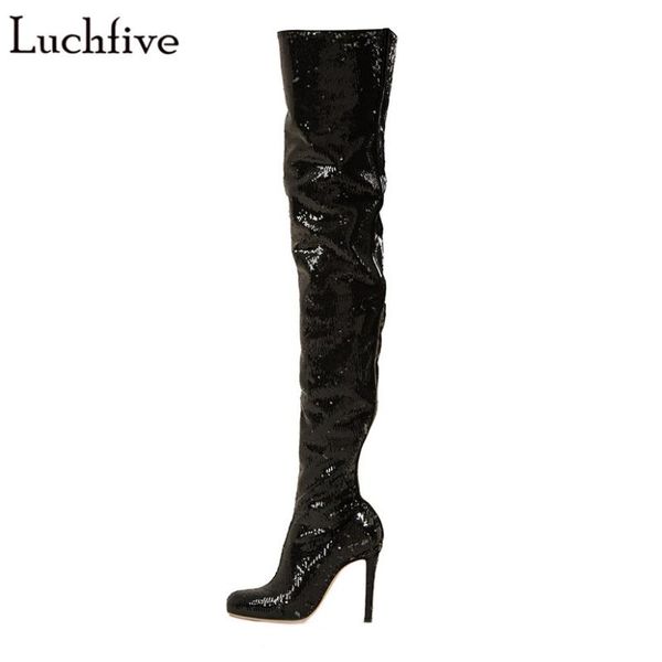 

sequin cloth over the knee boots 12 cm super high heels thigh high boots for women 2020 runway design shiny booties female, Black