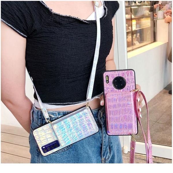 

for huawei p30 p40 pro mate 30 pro case fashion laser crocodile pattern card pocket shoulder bag crossbody lanyard pho qylykz