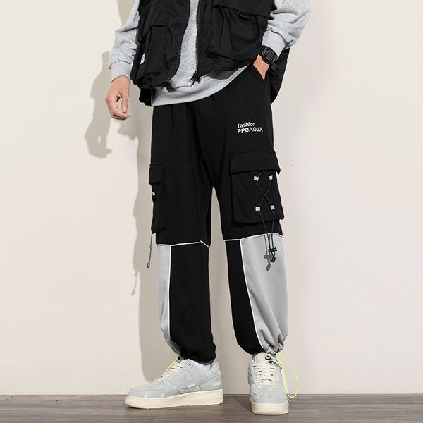

2021 new streetwear men's multi pockets patchwork track male joggers trousers fashion harajuku men pants 624b, Black