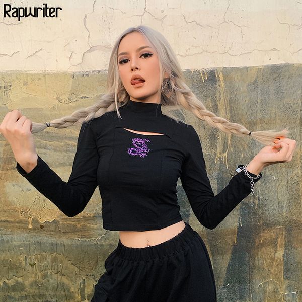 Rapwriter Chinese Style Element Dragon Reflektierender Druck Stretch Schwarz T-Shirt Frauen Streetwear Langarm Basic Crop Tops 201125