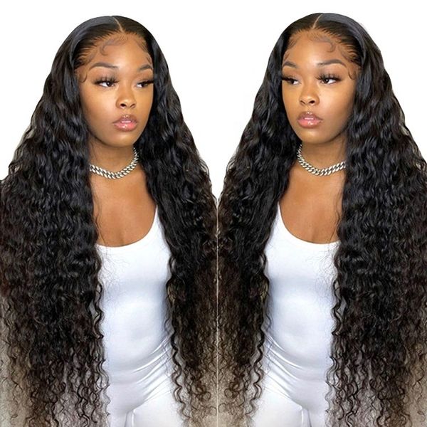 

hayo deep wave frontal transparent lace front 180 density t part remy brazilian wet and wavy deep curly human hair wig, Golden;white