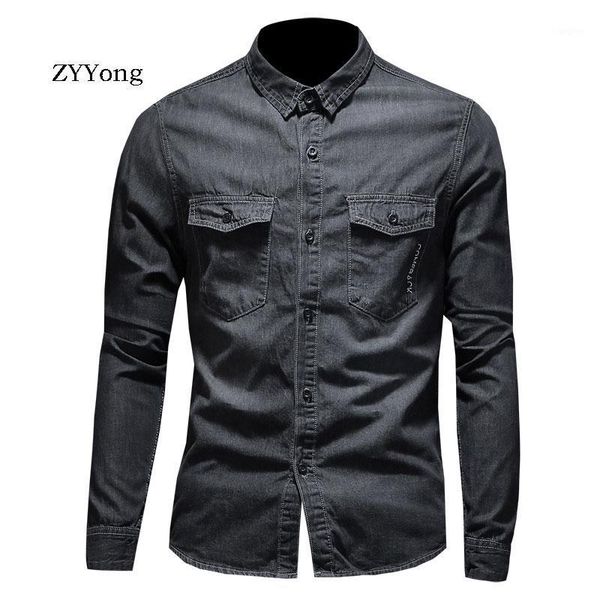 

zyyong men's ironing solid color long sleeve denim shirt black embroidered casual comfortable men's shirt1, White;black