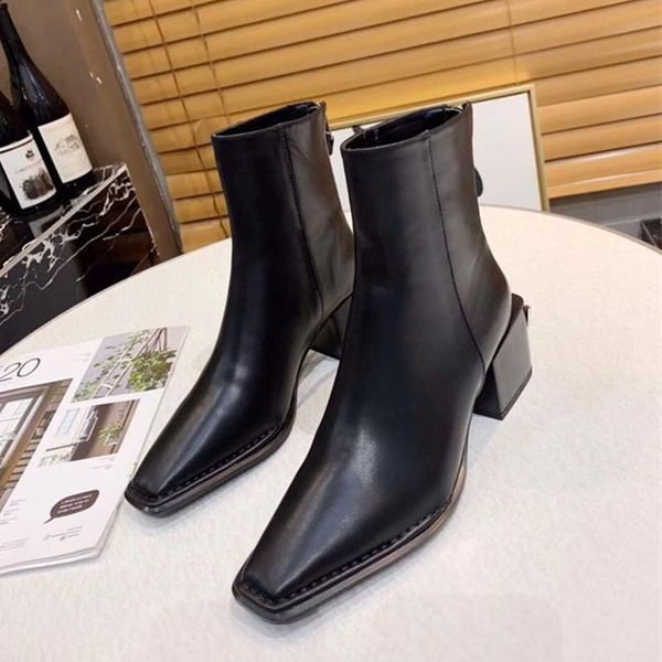 

new arrival 2020 square toe genuine leather women boots zips comfortable fashion short boots, Black