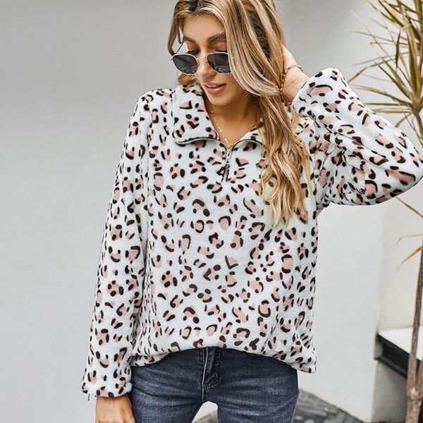 

leopard hoodies women plush zipper sweatshirt casual loose turn-down collar hoodie autumn winter pullovers female sweatshirts, Black