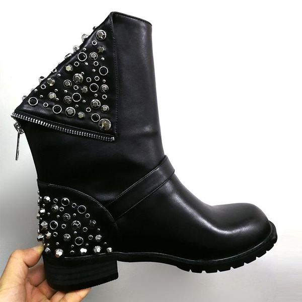 

women's ankle boots genuine leather boots big size 22-28cm length rivet square heels winter short fur snow shoes woman, Black