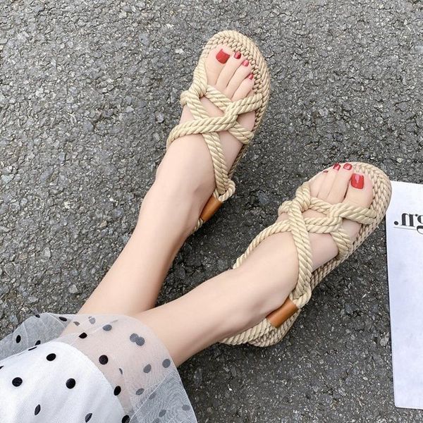 

sandals fashion flat shoes woman summer handmade straw women footwear linen woven rope beach slippers, Black