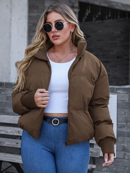 

plus drop shoulder zip front puffer coat j4l6#, Black