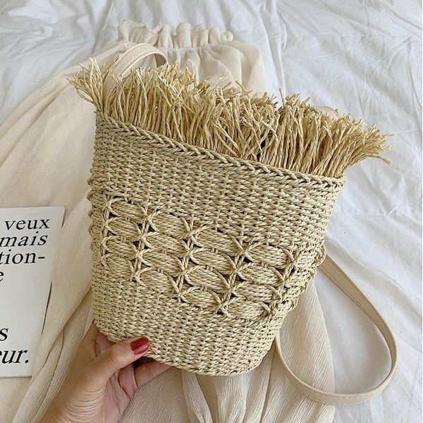 

summer straw beach bag women drawstring bucket bag simple wild handmade woven shoulder boho retro tassel crossbody tote