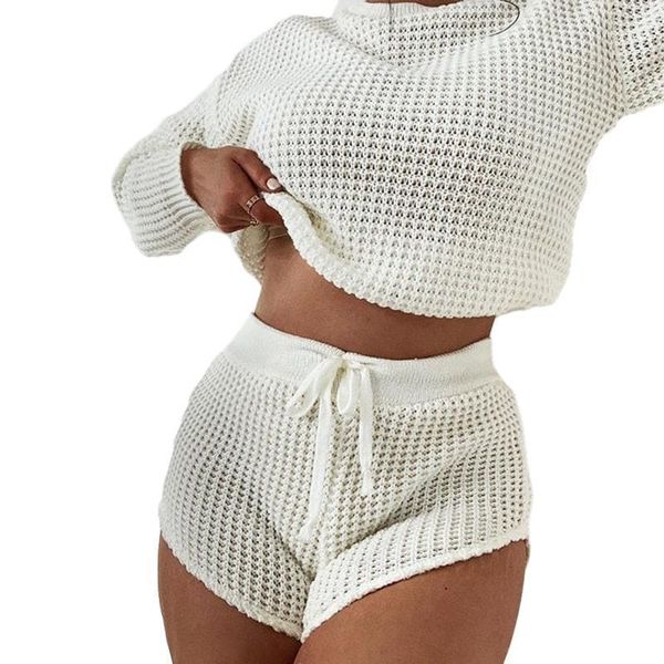 

women\u00b4s casual two piece sweater outfits, long sleeve crop with high waist shorts sets1, Gray