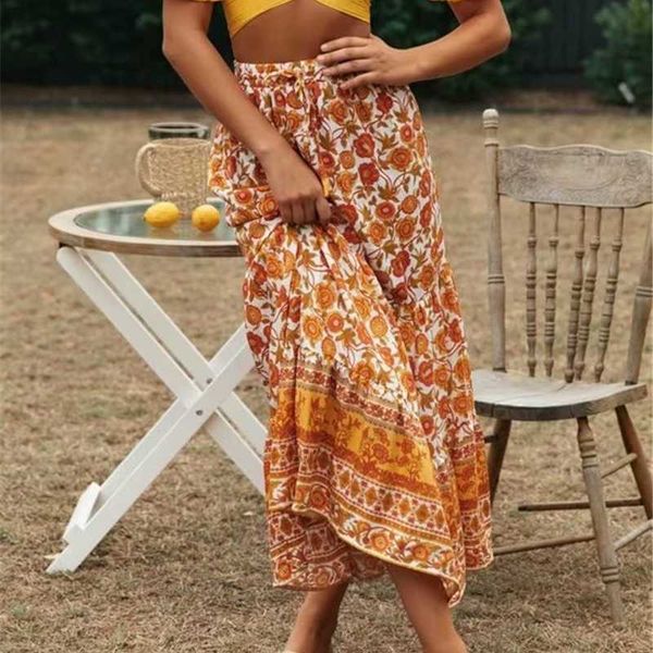 

skirts vintage chic summer fashion hippie women yellow floral peacock printed beach bohemian maxi ladies rayon boho, Black