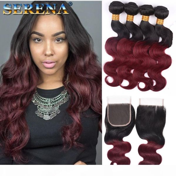 

ombre burgundy wine red 1b 99j body wave 5pcs lot brazilian virgin hair products weave human hair extensions human hair bundles with closure, Black;brown