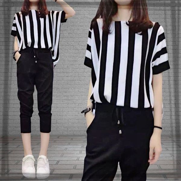 

bonh7 2020 summ summer women's striped new large size new clothing fat mm slimming suiter plus size short sleeve suit capri pants two-p, Gray
