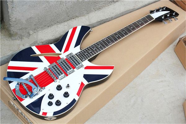 Body semi-oco 6 cordas guitarra elétrica com ponte tremolo, padrão de bandeira, pickguard branco, pode ser personalizado