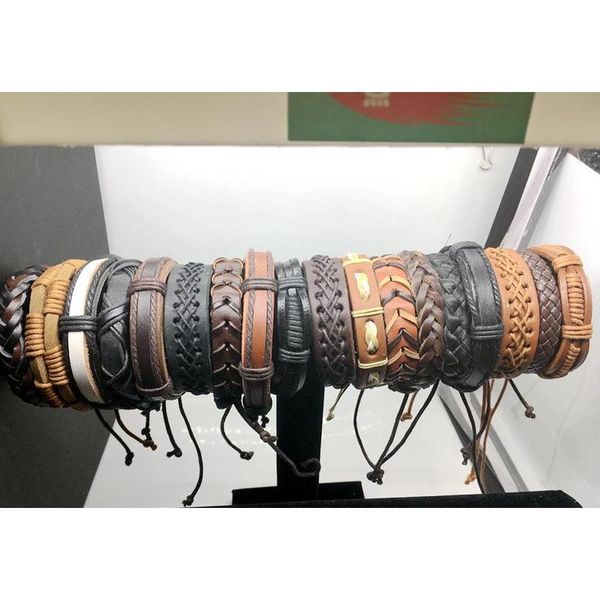 

20pcs lots vintage mens genuine leather surfer bracelet cuff wristband fashion jewelry gift mix wmtcpd luckyhat, Golden;silver