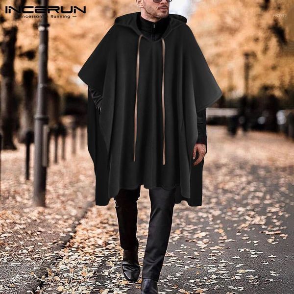 

incerun fashion men cloak coat hooded cape v neck streetwear solid handsome loose jackets irregular men long trench 2019 s-5xl 71, Tan;black