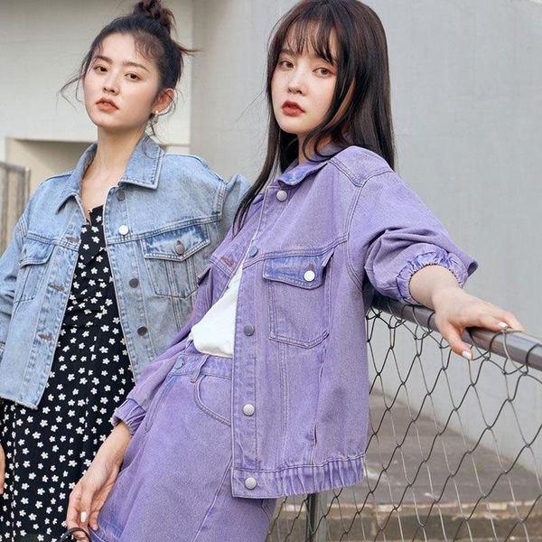 

purple korean cowboy coat female student loose jacket denim women blue oversized jeans solid regular streetwear, Black;brown