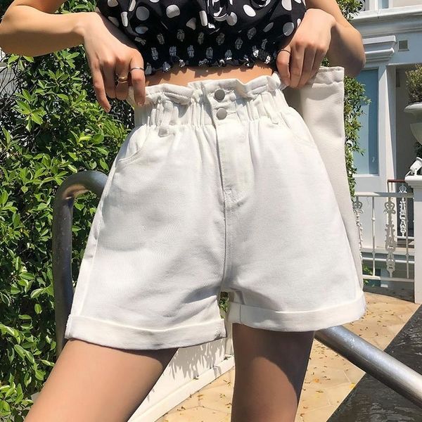 

ruffle elastic high waist women's denim shorts harajuku roll up wide leg jeans shorts women summer casual short mujer y200822, White;black