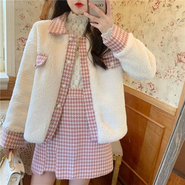 

2020 new winter women two-piece suit korean splicing lamb wool quilted jacket + elegant pink lattice a-line skirt vestidos mujer1, Gray