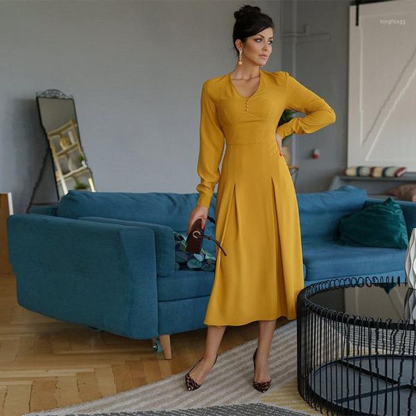 

women vintage front button slim a-line party dress long sleeve v neck solid elegant dress 2020 spring fashion1, Black;gray