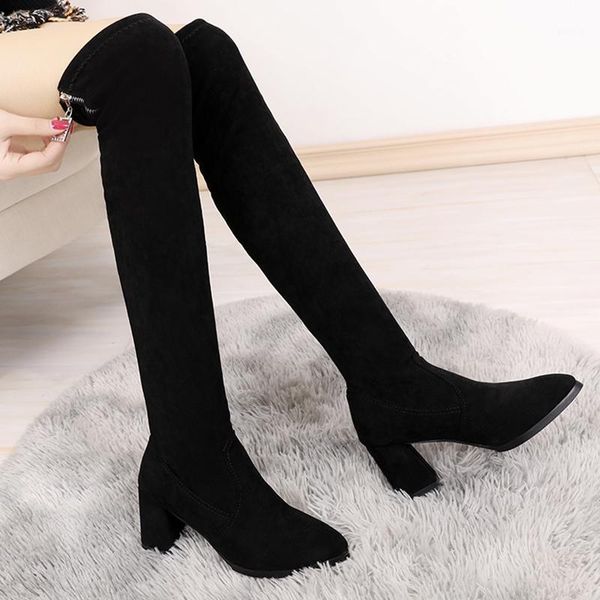 

black boots back zip thigh high heels high shoes winter footwear zipper luxury designer round toe med heel1