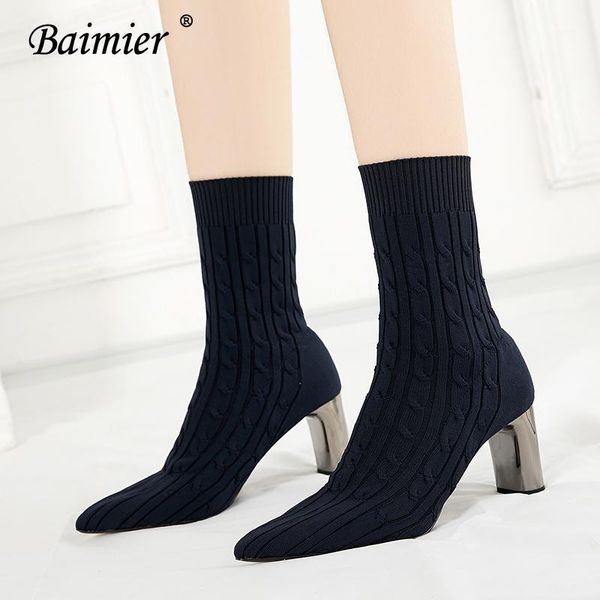 

baimier winter handmade knitting women sock boots pointed toe slip on ankle boots for women warm high heels winter1, Black