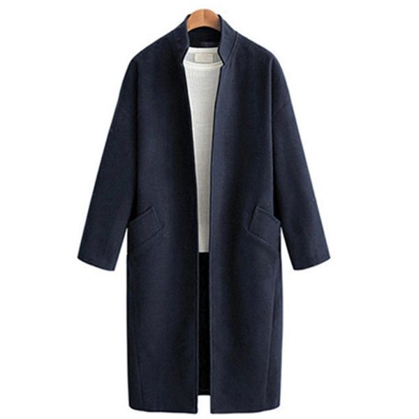 

women's wool & blends savabien long coats winter women jacket cardigan 2021 solid sleeve mandarin collar vintage ladies coat outerwear, Black
