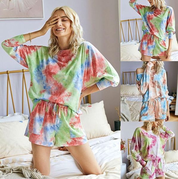 

fashion printed casual shorts two-piece tie dye suit ladies clothes loose summer, Gray