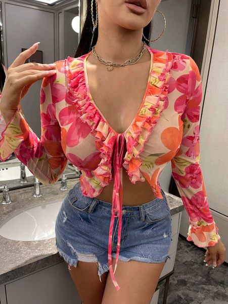 

floral print ruffle trim knot front flounce sleeve crop mesh b0kr#, White