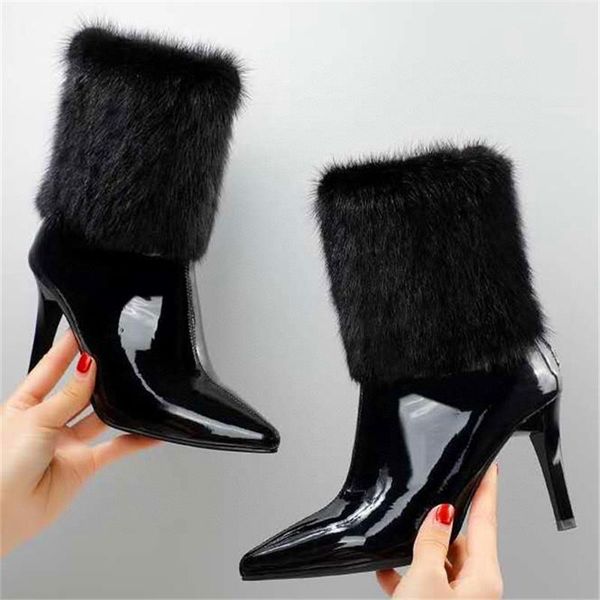 

boots winter women's high heel decoration pointed black fashion short