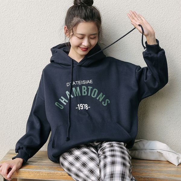 

autumn 2020 korean academic chic sweater casual loose letter print drawstring long sleeve hooded sweater women fashion z9lvd, Black