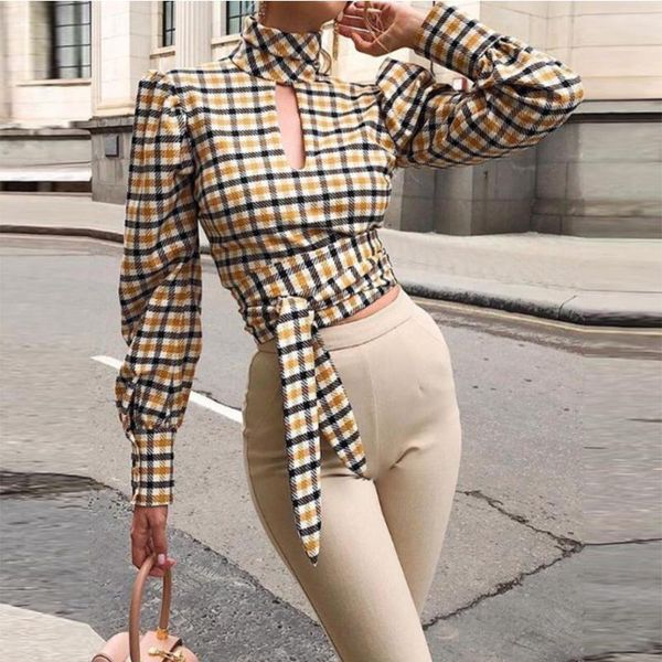

autumn spring fashion long sleeve t-shirts backless wild plaid shirt hollow out women, White