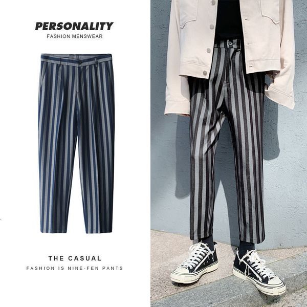 

korean striped suit pants men's slim fashion business casual dress pants men society wild loose straight wide leg pants mens, Black