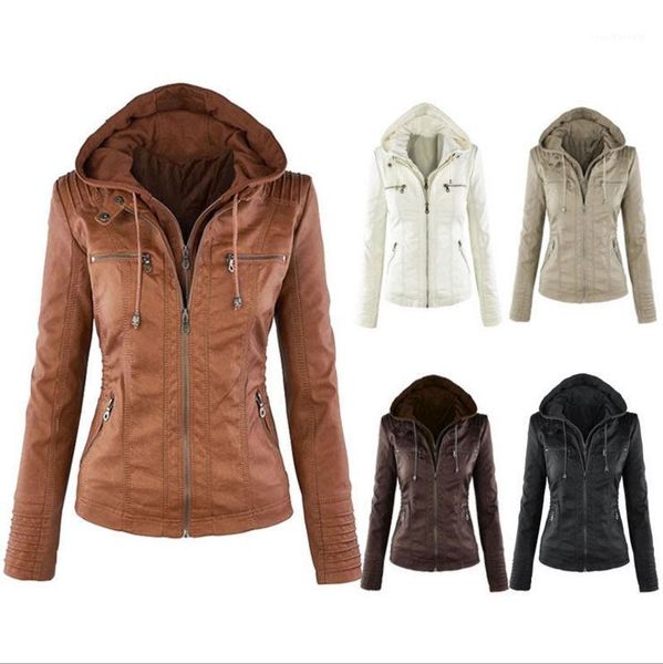 

winter womens faux leather motorcycle jacket with hoodie1, Tan;black