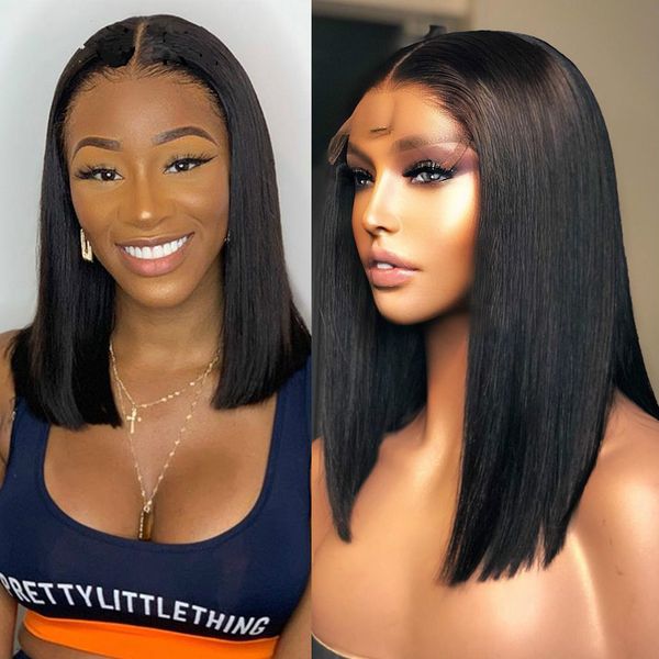 

150 density bob wig remy 4x4 lace front human hair wigs pre plucked short straight frontal wigs for black women, Black;brown