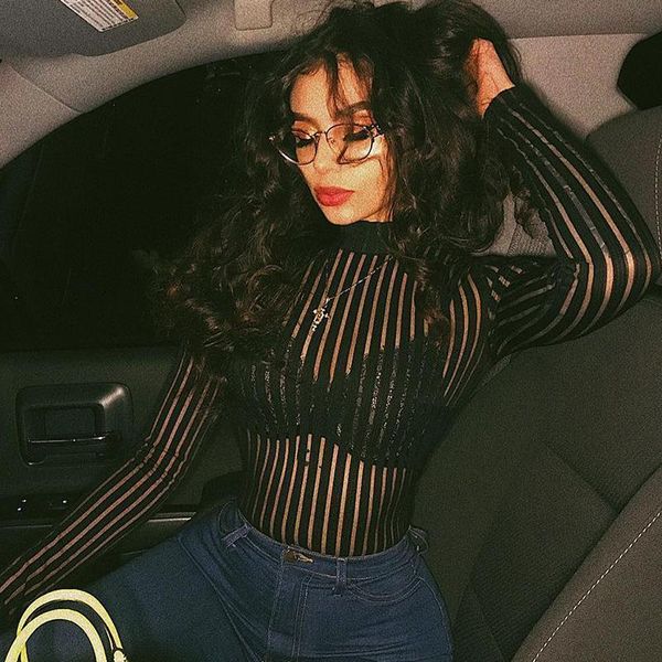 

2019 black striped mesh transparent bodysuits women long sleeves turtleneck bodycon jumpsuit clubwear women romper, Black;white