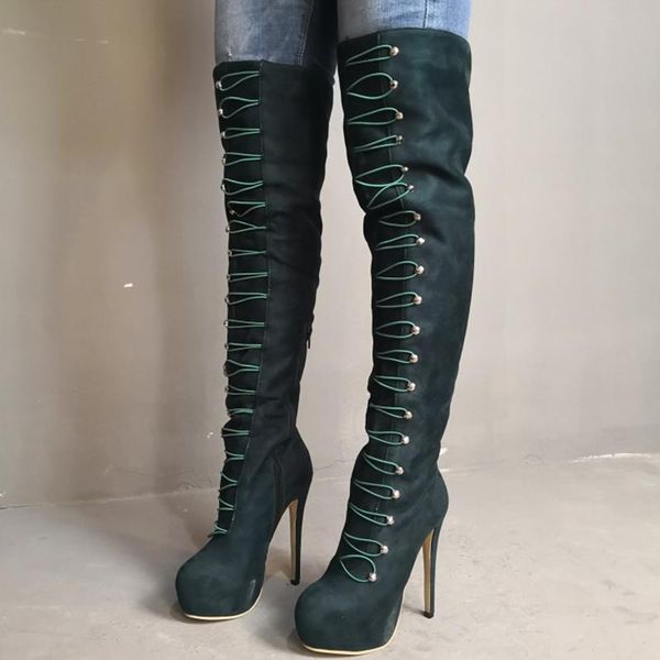 

2021 new fashion army green shoes boots with string winter women thigh high boots platform over knee high big size 47, Black